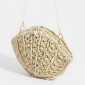 Fame Straw Braided Beaded Strap Seashell Beach Theme Tan Crochet Crossbody Bag